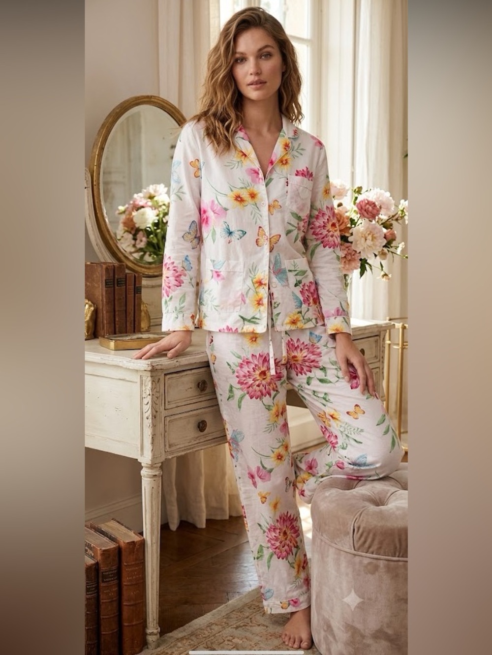 Victoria's Secret 100% Cotton Floral Pajama Set Top Pants White XL